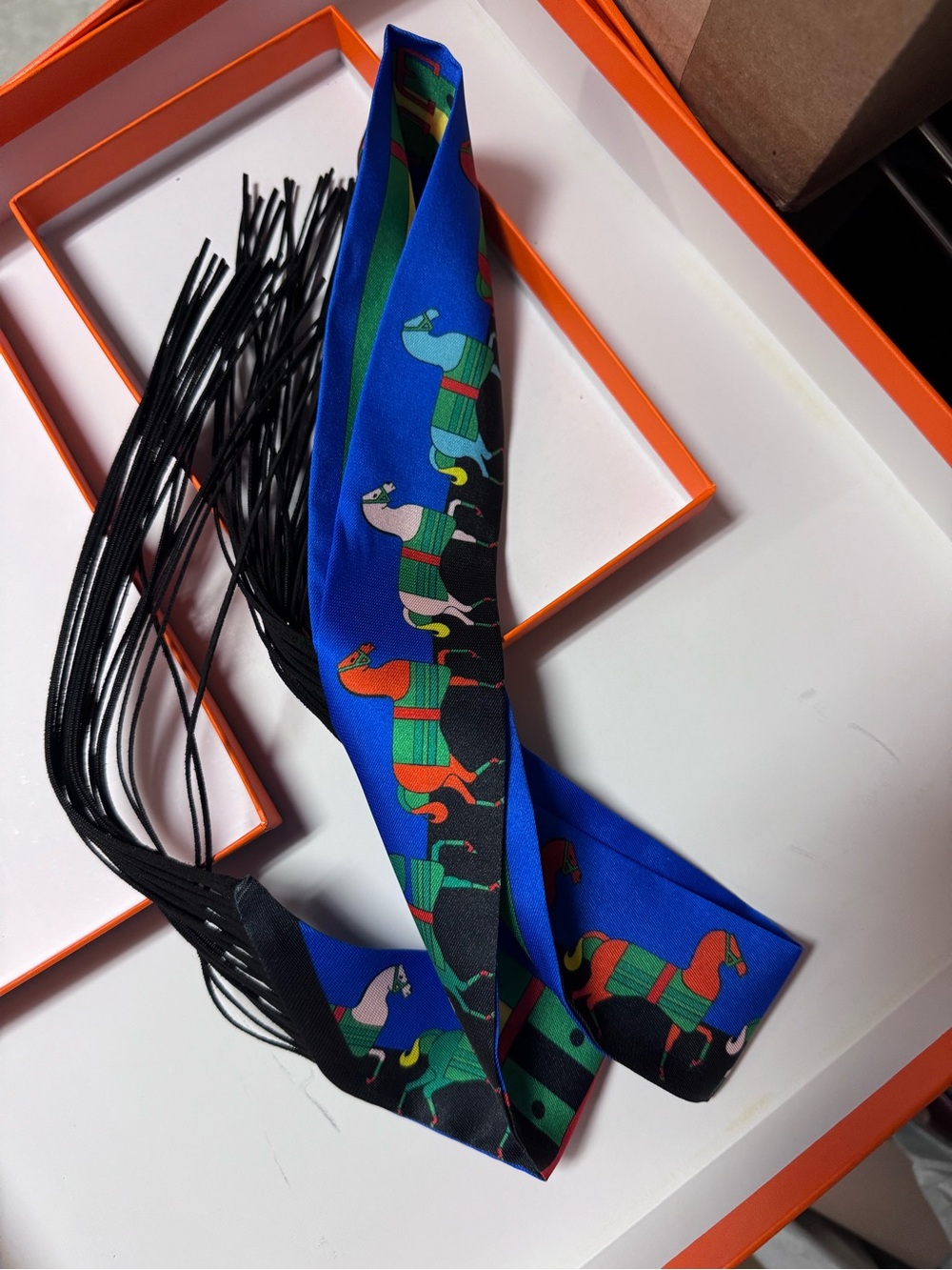 H Bleu Royal/Jaune/Vert Rocabar Printed Twilly with Tassel